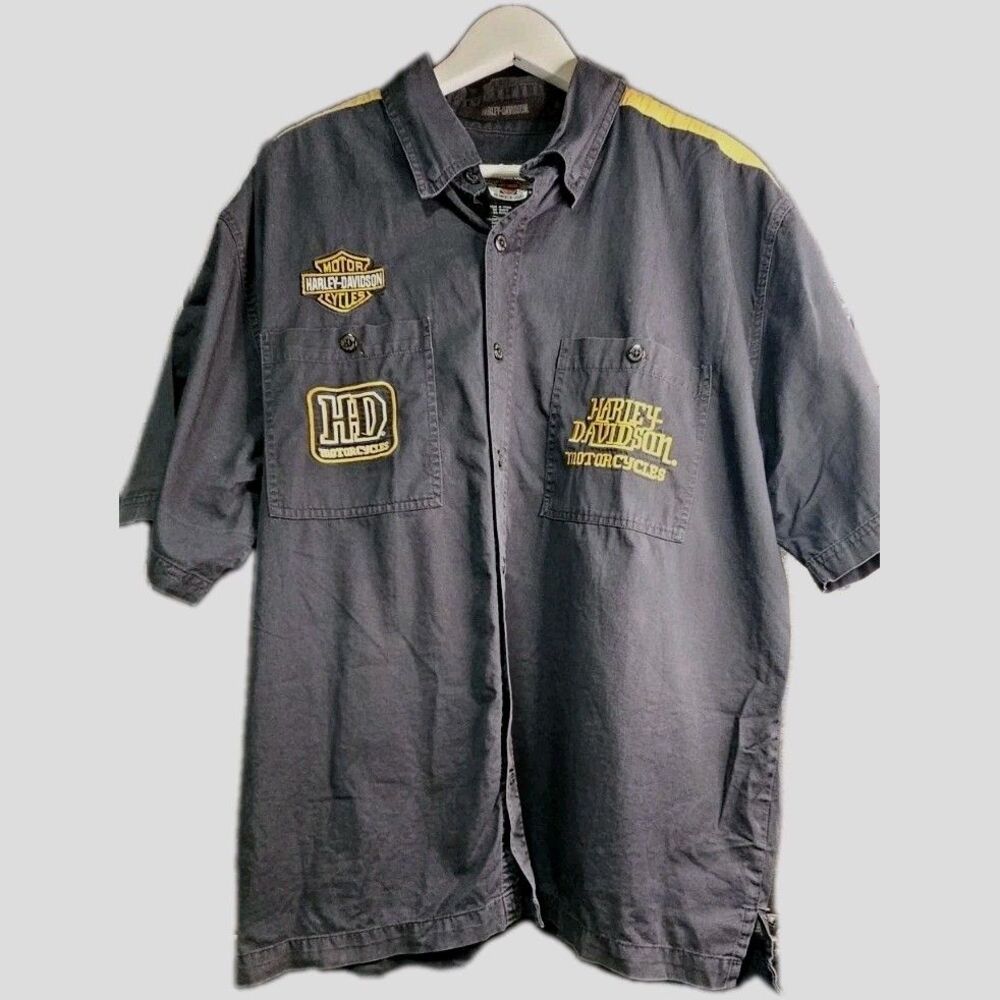 Harley Davidson Y2K Button Up Shirt Black Yellow Bikercore XL